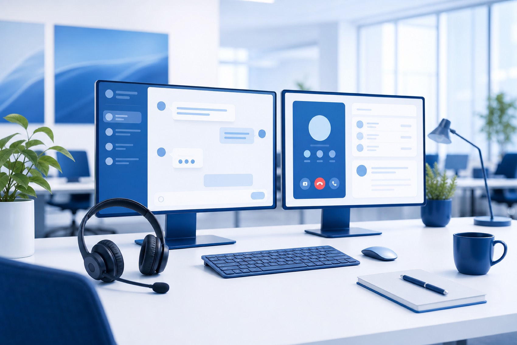 A modern customer-support workspace with a headset and dual monitors showing live chat and call interfaces