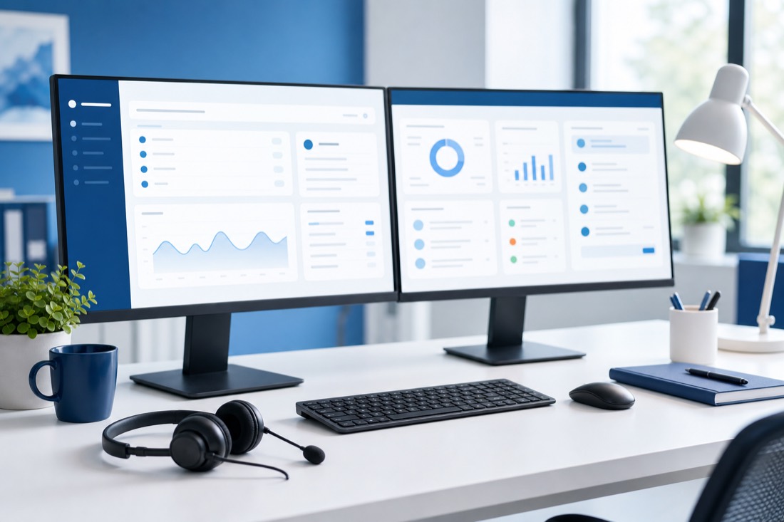 A support agent desk with a headset and a helpdesk dashboard